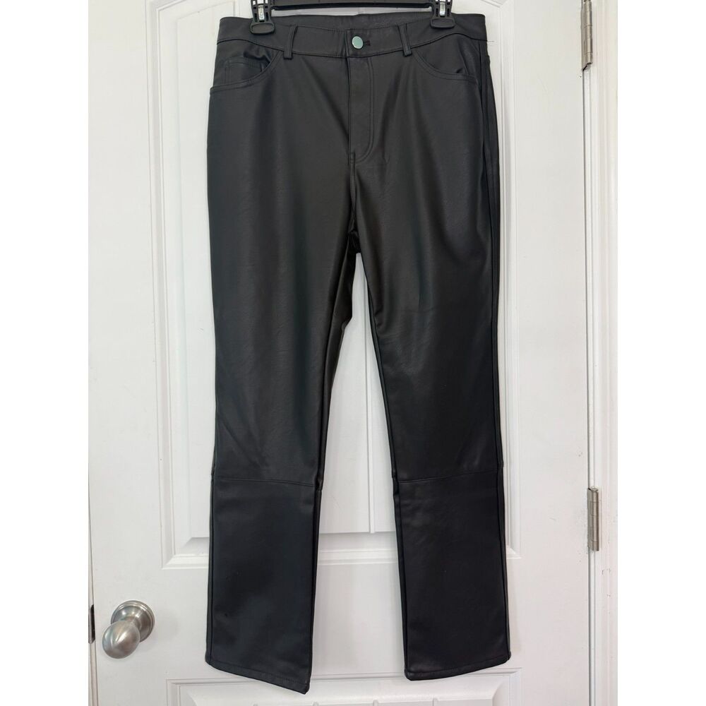 H&M Black Faux Leather Straight Leg Pants Size 10 High Rise Vegan Faux Leather